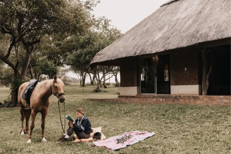 Horse and rider reading outside house