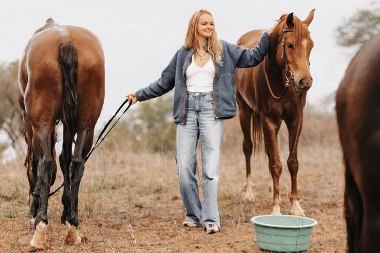 Horse riding volunteer with two horses