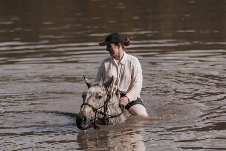 Walking through water on horseback